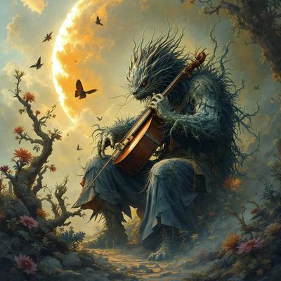 Primary subject: A creature with a violin, sitting on a rock.

Setting/background: The creature is surrounded by a forest, with a moon in the background.

Visual style: The image is a digital art illustration.

Colors and mood: The colors are predominantly dark, with a moody atmosphere.